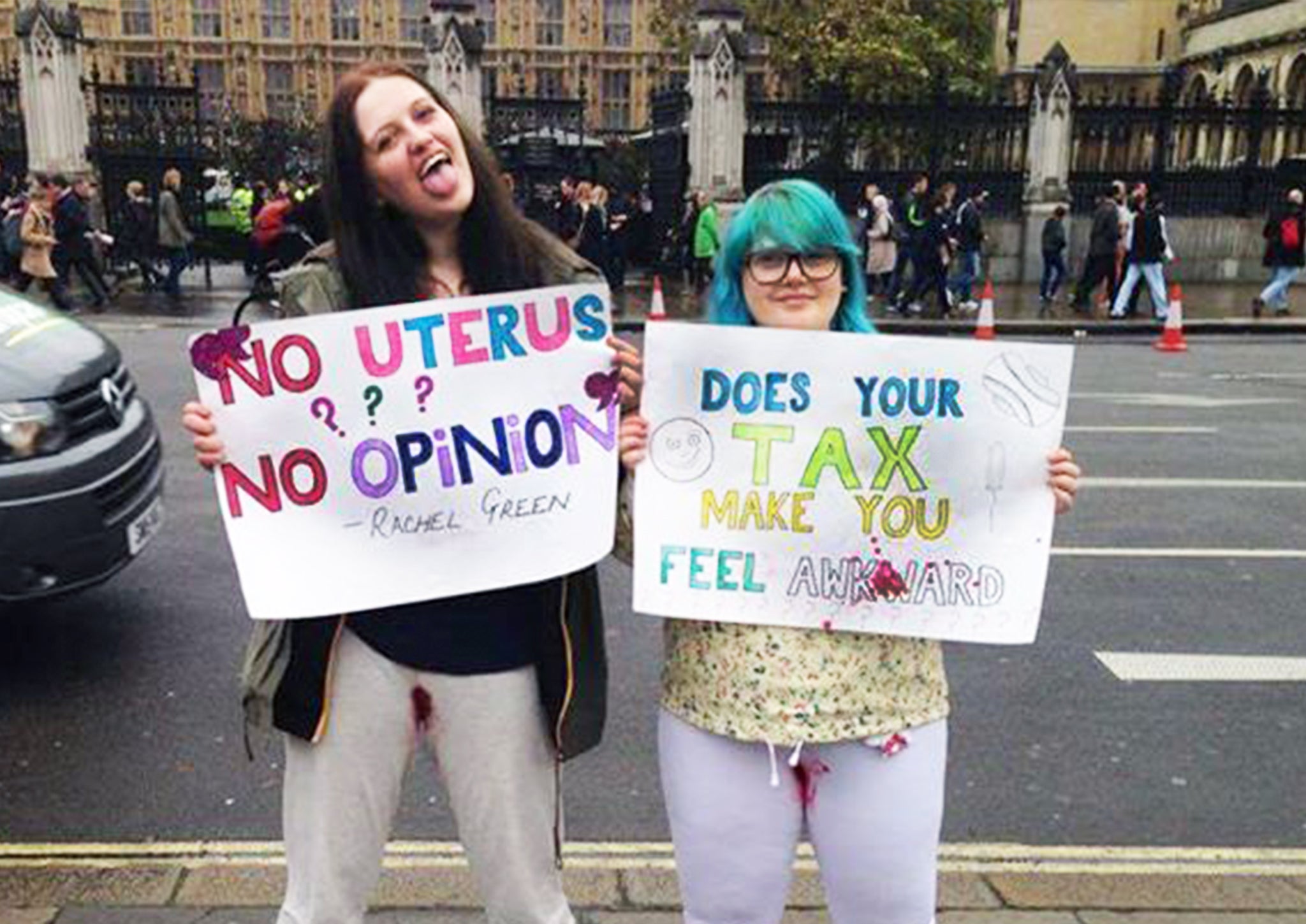 "We're not naive. We know the Government can only do so much as the tampon tax is covered under EU law. But soon, something is bound to give." Charlie Edge (left) and Ruth Howarth (right) during their protest outside Parliament on 6 November, 2015