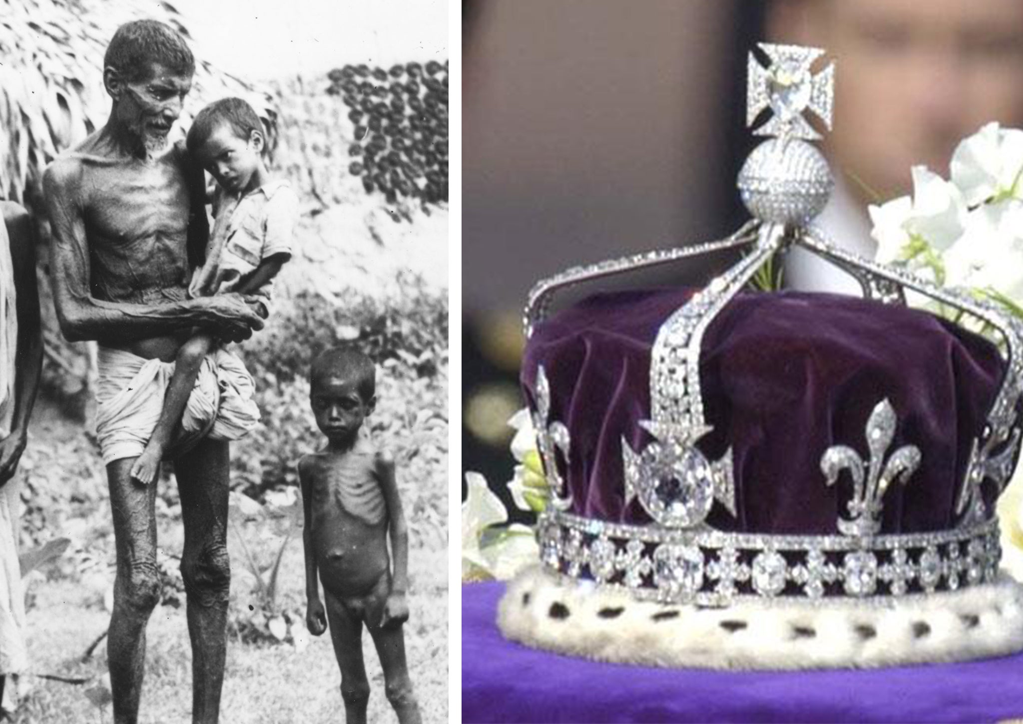 Left: A family of semi-starved Indians who have arrived in Calcutta in search of food, during the famine of 1943. Right: The Koh-i-Noor stone in the Queen Mother's crown Rex Features