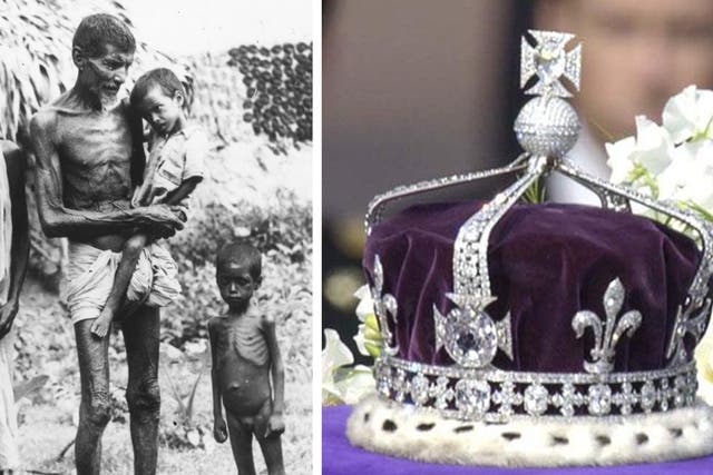 Left: A family of semi-starved Indians who have arrived in Calcutta in search of food, during the famine of 1943. Right: The Koh-i-Noor stone in the Queen Mother's crown Rex Features
