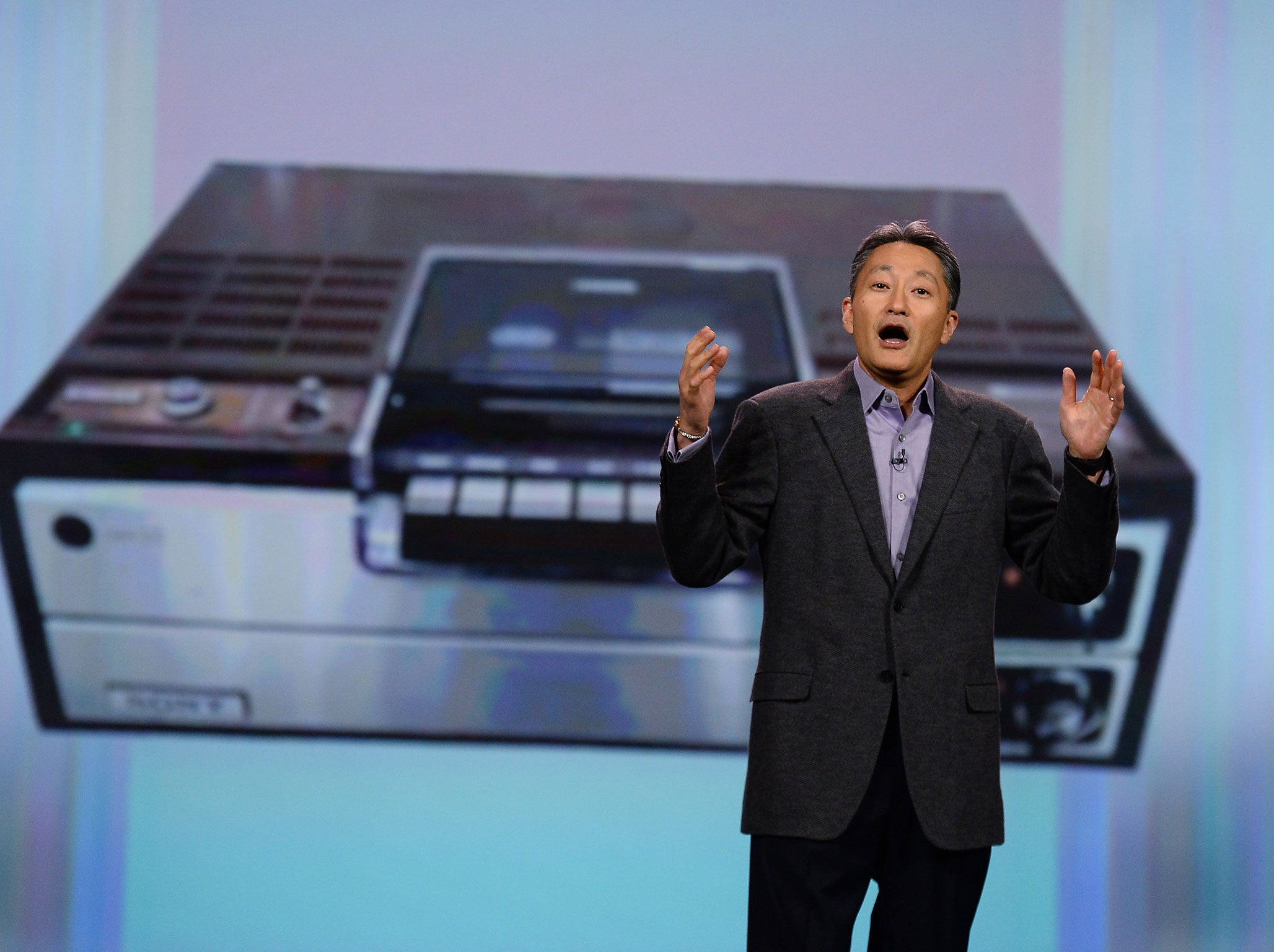 Sony Corp. President and CEO Kazuo Hirai delivers a keynote address in front of an image of a Sony Betamax at the 2014 International CES at The Venetian Las Vegas on January 7, 2014 in Las Vegas, Nevada