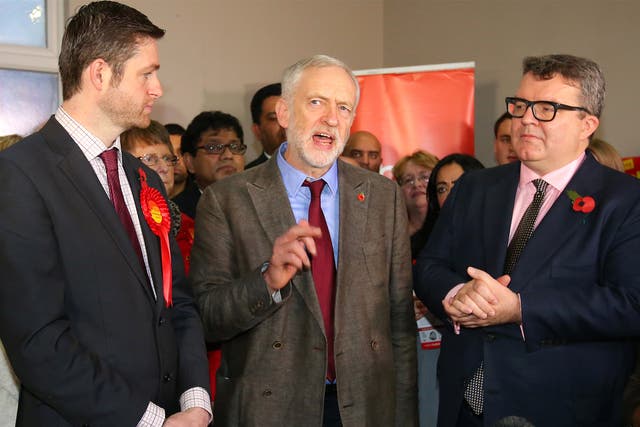 Labour leader Jeremy Corbyn with Deputy Leader Tom Watson, right, and candidate Jim McMahon, in Oldham, last week