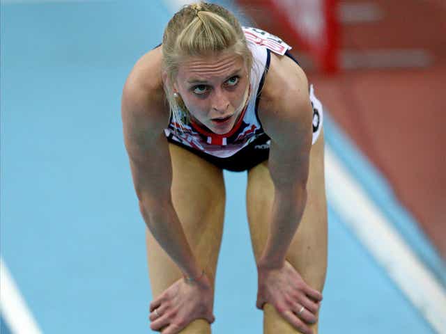 Hannah England shows her despair after being knocked out in the heats at the 2009 European Indoor Championships