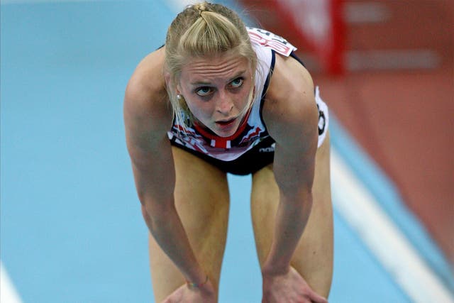 Hannah England shows her despair after being knocked out in the heats at the 2009 European Indoor Championships