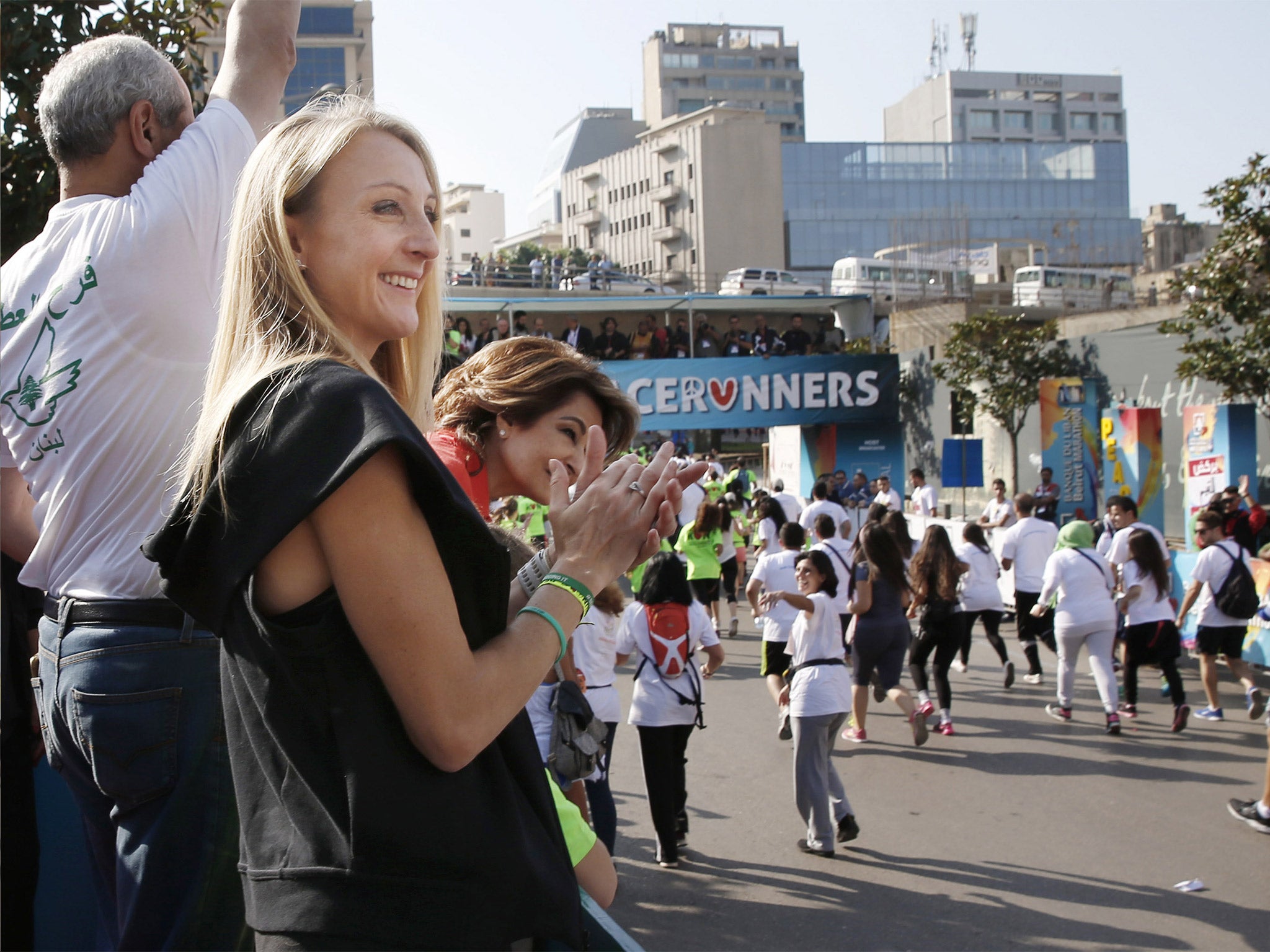 British athlete Paula Radcliffe gives encouragment to runners at the Beirut Marathon on Sunday