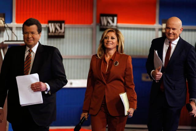 Moderators Neil Cavuto, left, Maria Bartiromo and Gerard Baker arrive on stage before the Republican presidential debate