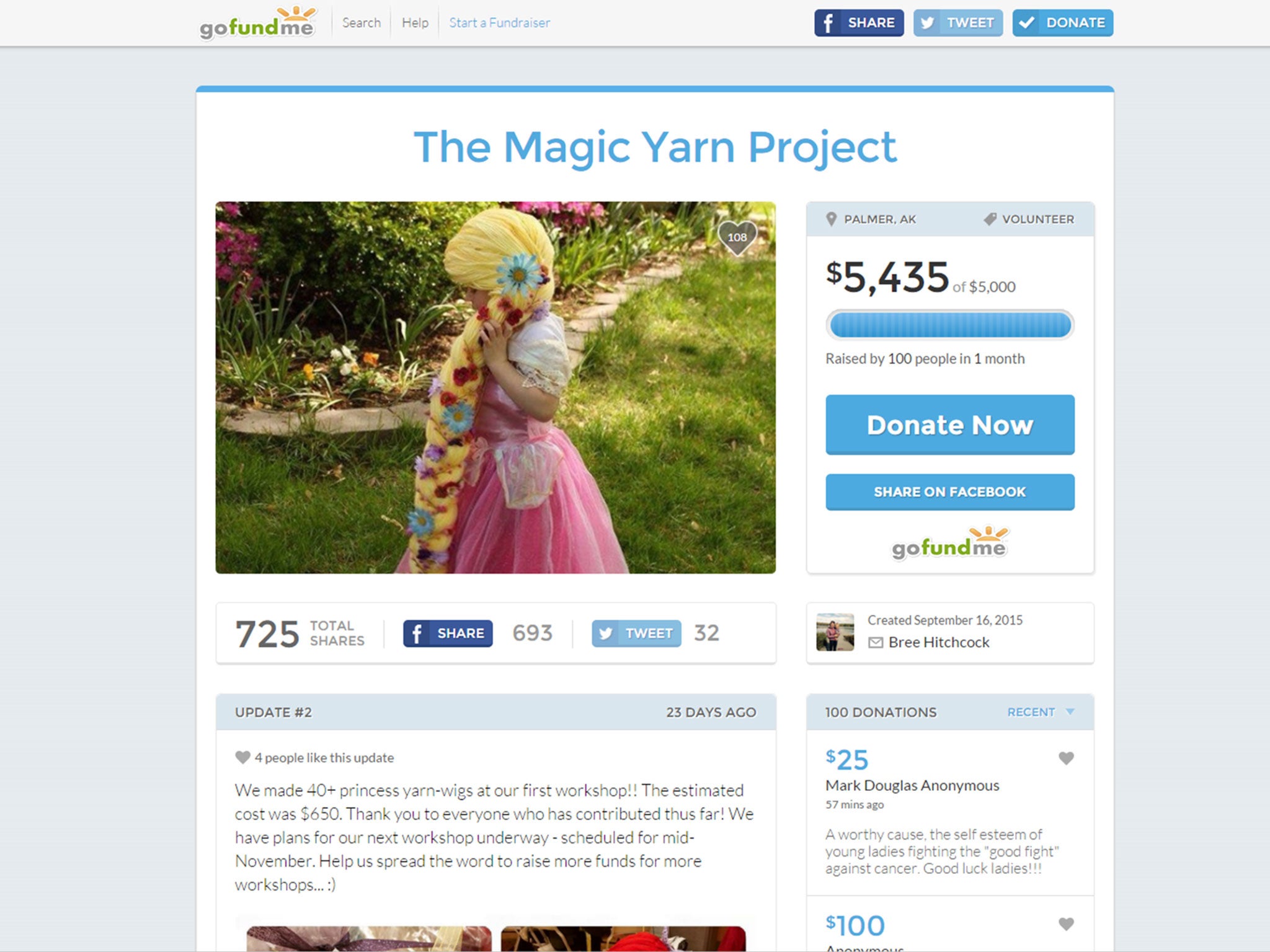 The GoFundMe page of the Magic Yarn Project
