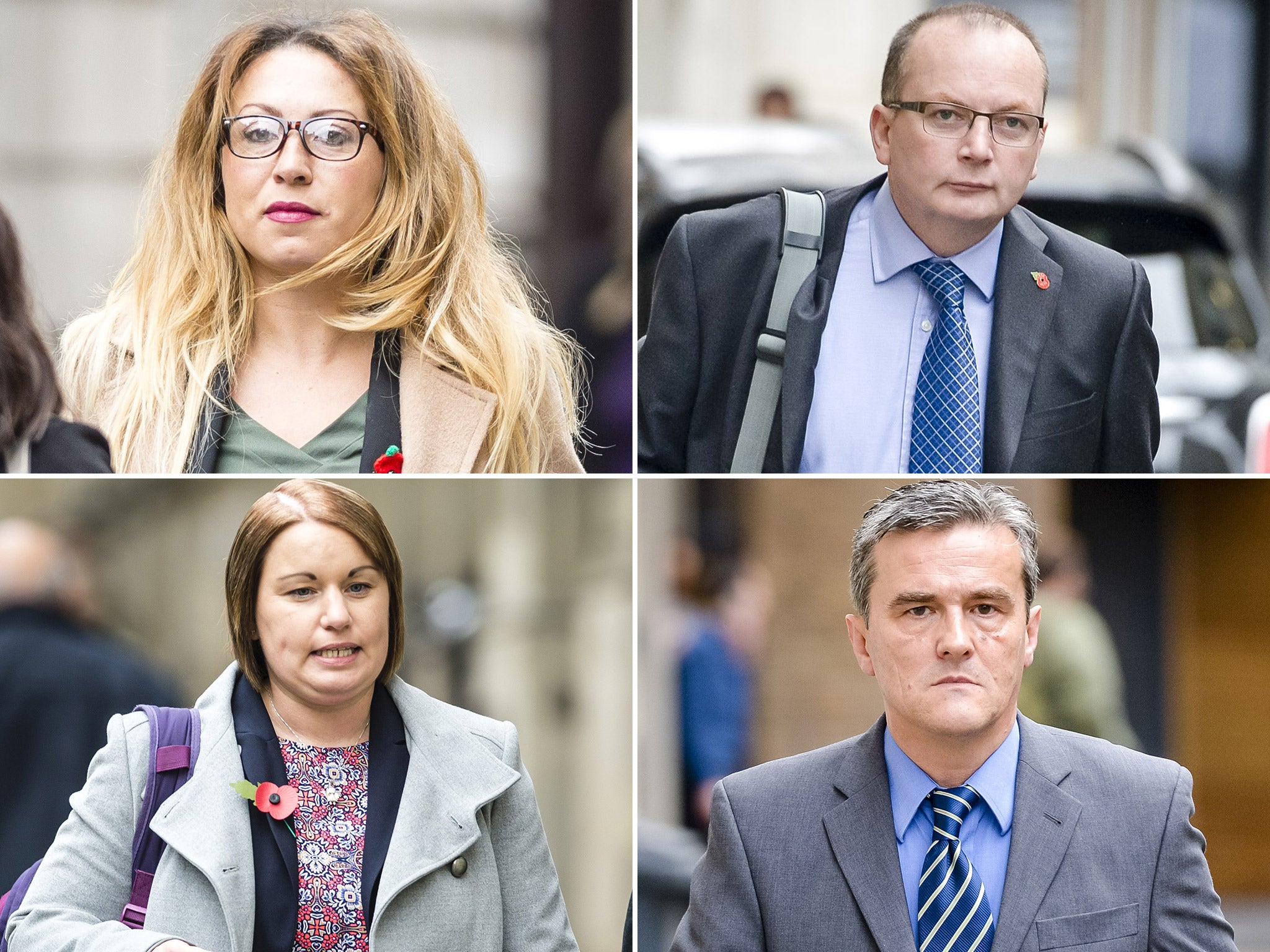 (Clockwise from top left) PC Leanne Winter, PC Kevin Duffy, PCSO Andrew Passmore and PC Helen Harris are on trial accused of ignoring Bijan Ebrahimi after threats to his life