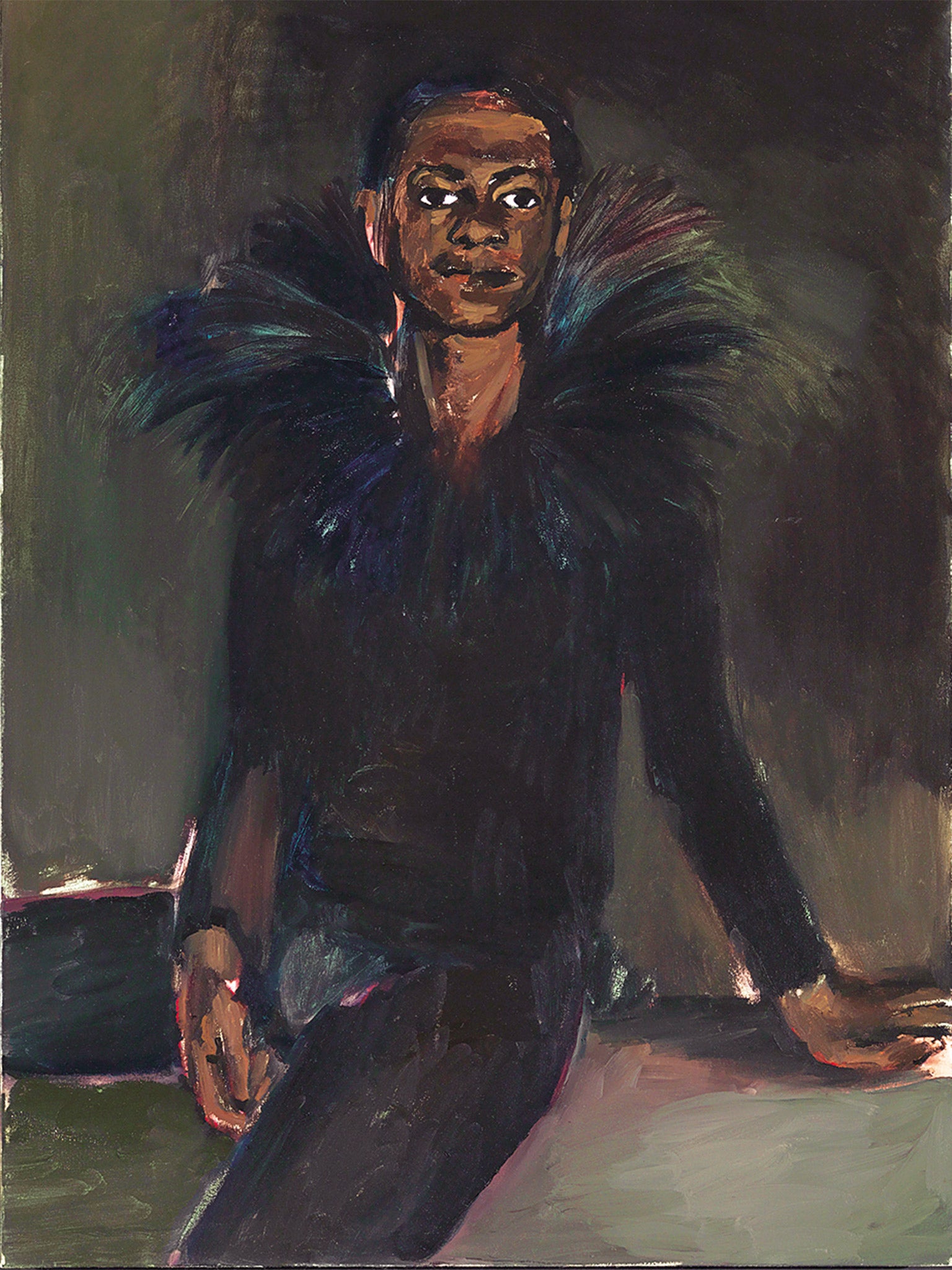 LYNETTE YIADOM-BOAKYE: GREENFINCH (2012) ‘Lynette Yiadom-Boakye’s portraits are constructs from her imagination, rather than representations of real sitters, and are characterised by a visionary otherworldliness and timelessness of setting. Her realms are uncluttered by objects that could tether her depictions to any particular era or location’ (Courtesy the artist, Jack Shainman Gallery, New York and Corvi-Mora, London © Lynette Yiadom-Boakye)