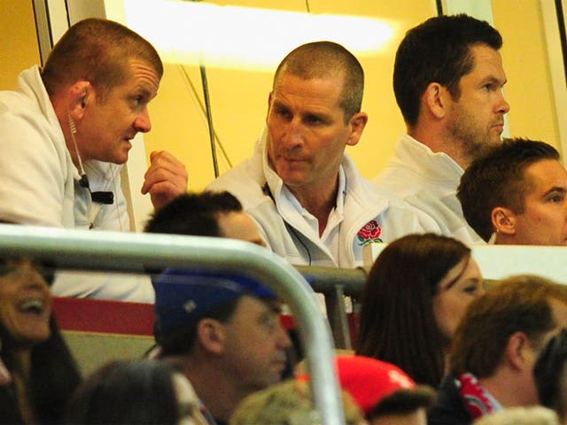 Graham Rowntree and Stuart Lancaster watch on as England are humiliated in the Six Nations decider with Wales, in Cardiff earlier this year