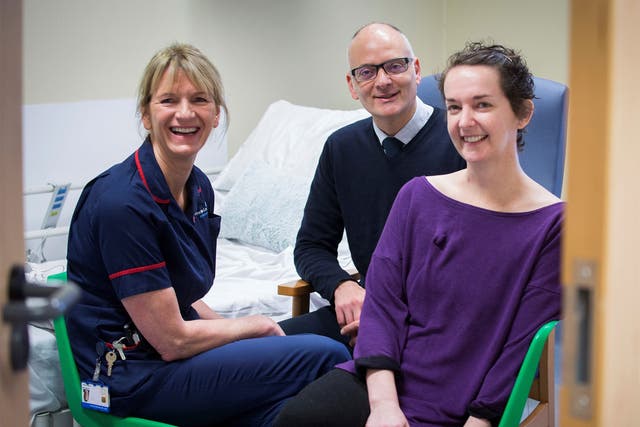 Pauline Cafferkey (right), with the Royal Free Hospital's Breda Athan, senior matron and high lvel isolation unit lead, and Dr Michael Jacobs, consultant in infectious diseases
