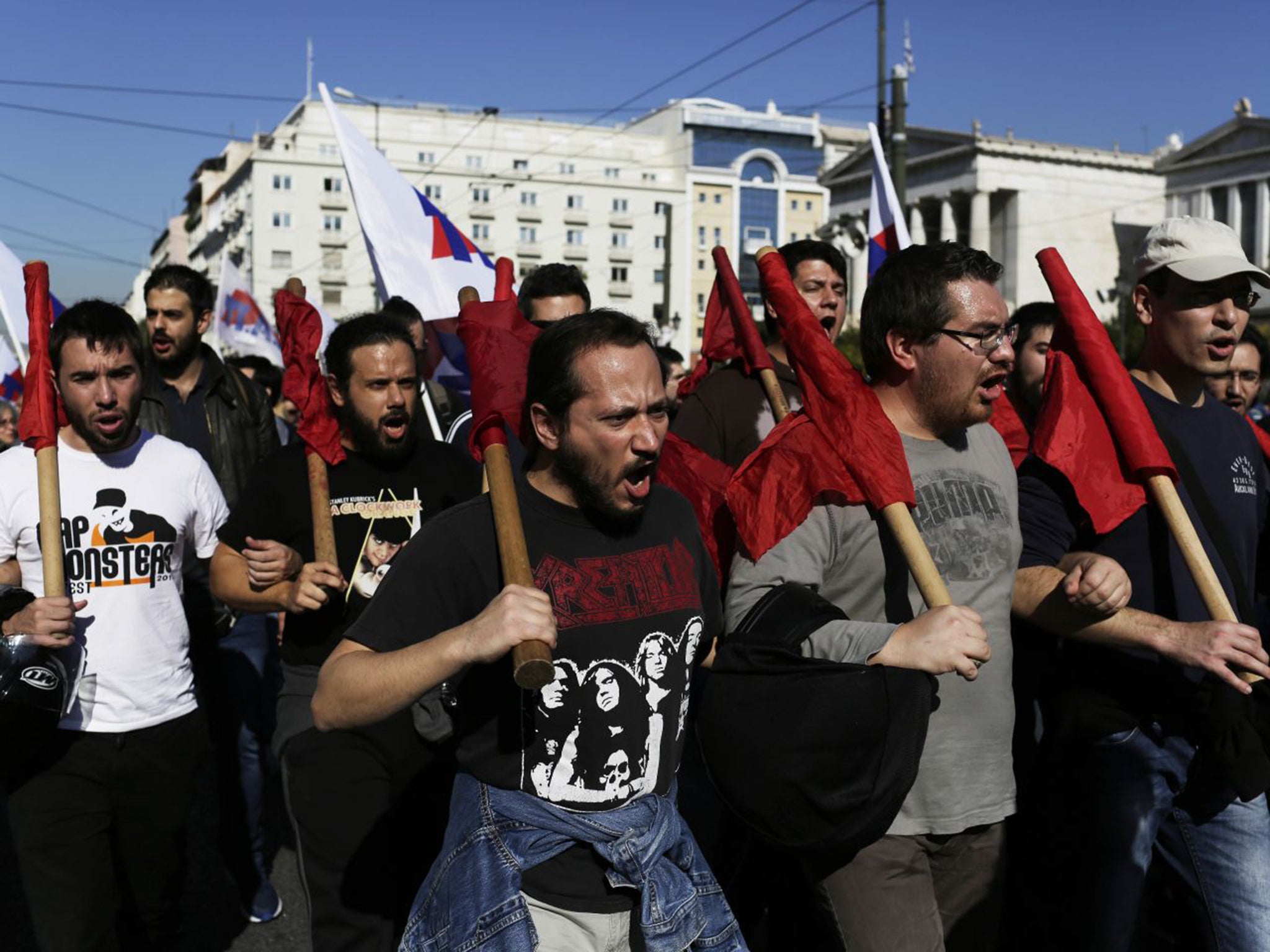 Union members protest against further austerity measures during a nationwide general strike in Athens in which youths clashed with riot police