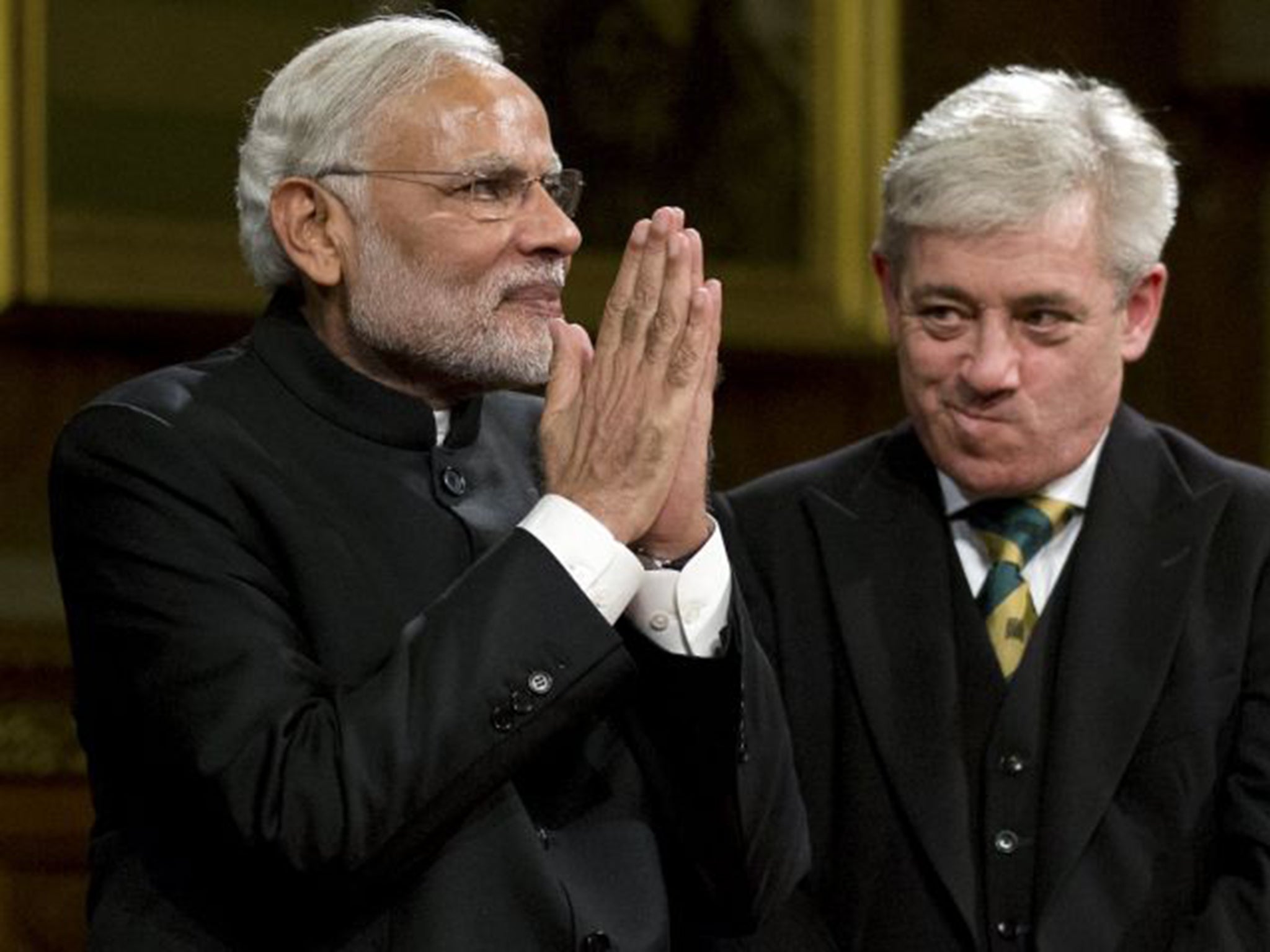 Narendra Modi with John Bercow, the Speaker of the House of Commons, after addressing the Royal Gallery of the Houses of Parliament