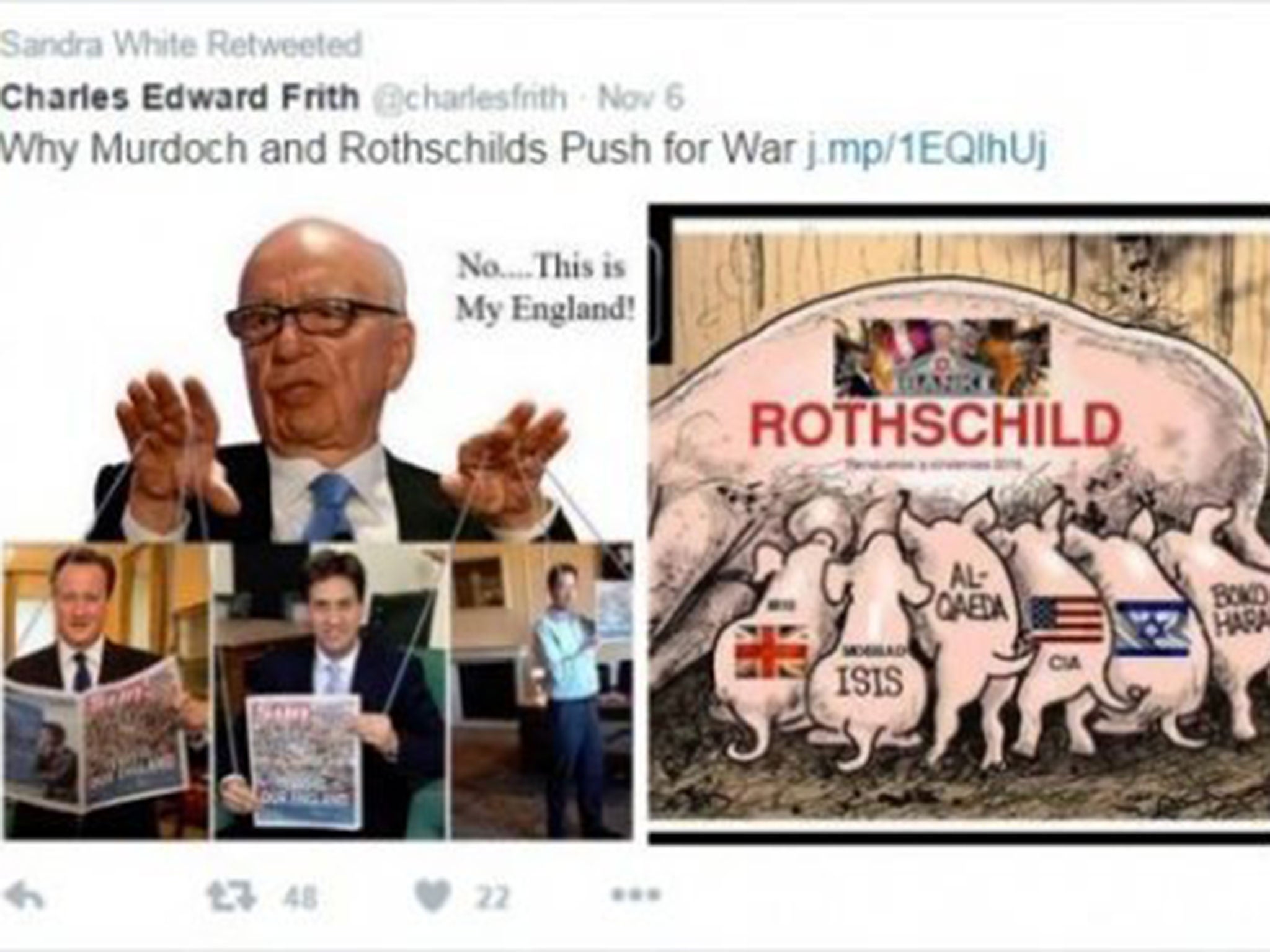 The cartoon shows six piglets, representing Britain, the US, Israel and terror groups Isis, Al Qaeda and Boko Haram, suckling from a large sow with the word "Rothschild" and an image of a bank with the Star of David on it