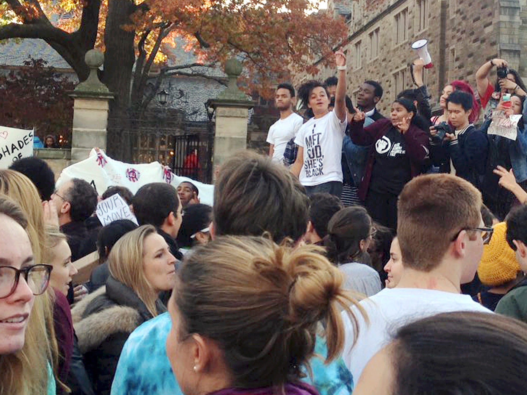 Yale University students and supporters participate in a march across campus to demonstrate against what they see as racial insensitivity at the Ivy League school on Monday, November 9