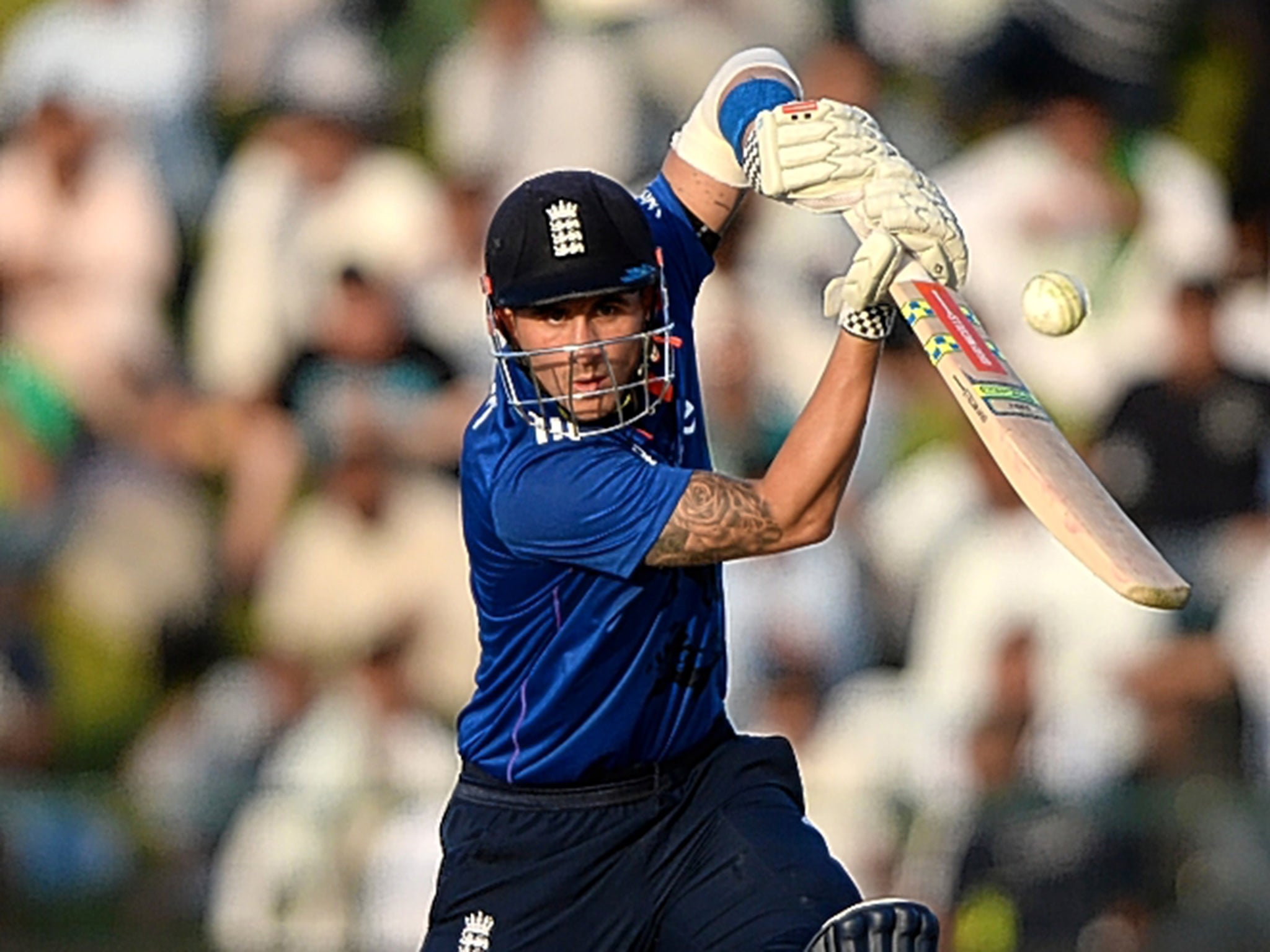 Alex Hales on his way to his first ODI century during England’s 95-run victory over Pakistan yesterday