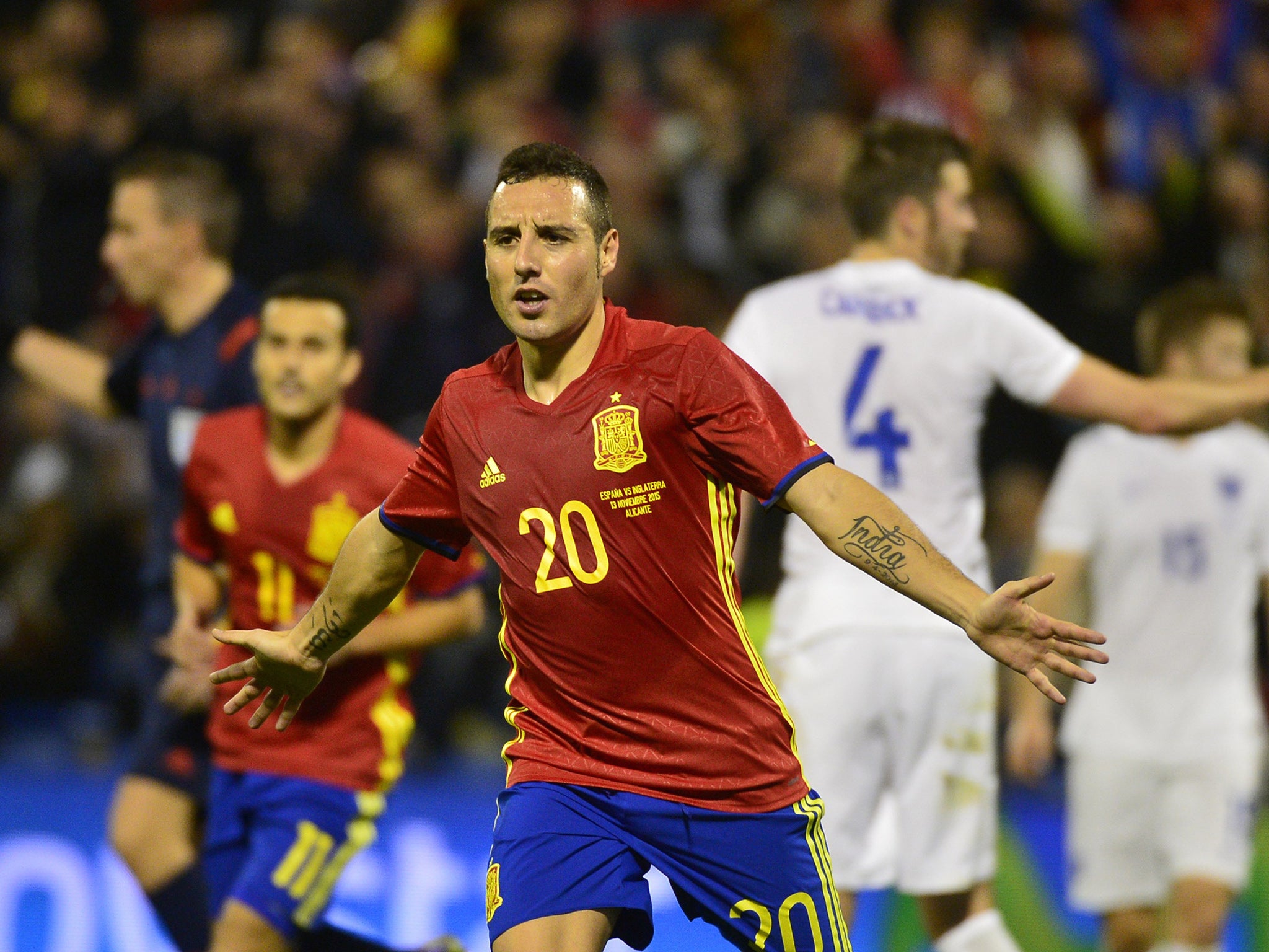 Santi Cazorla celebrates scoring Spain's second goal of the night