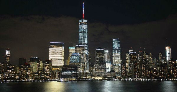 One World Trade Center spire with lit red, blue and white