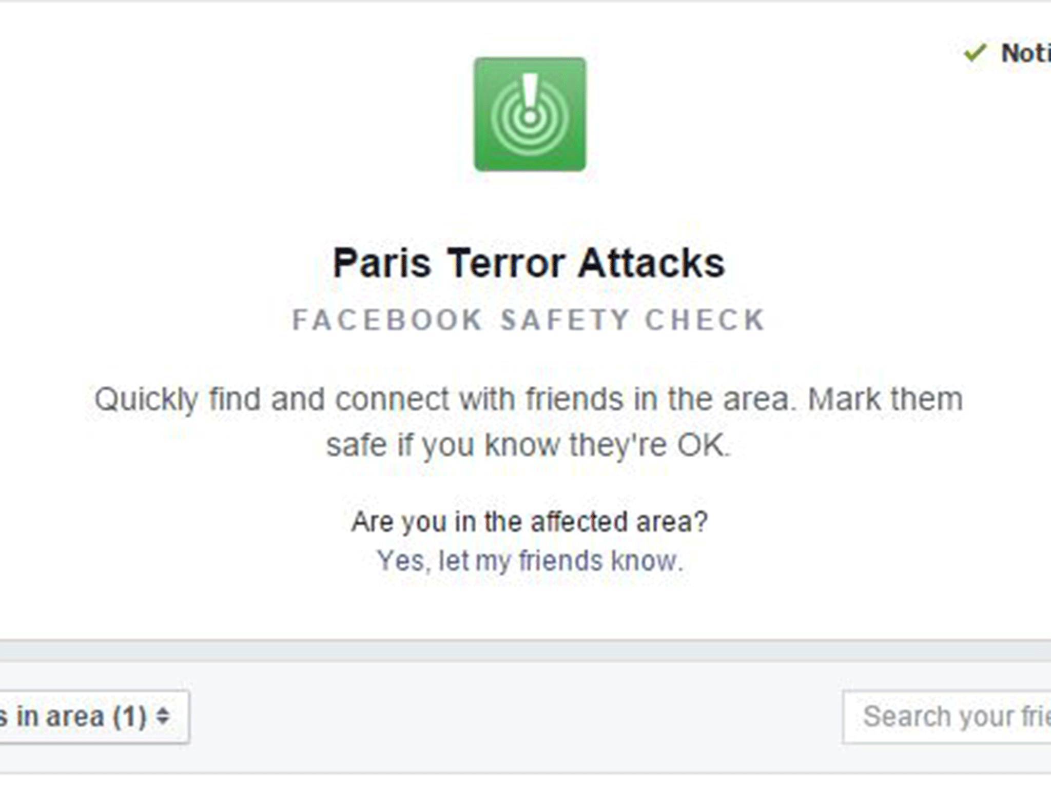 The Facebook Safety Check mobile app is asking users located in Paris whether they are safe