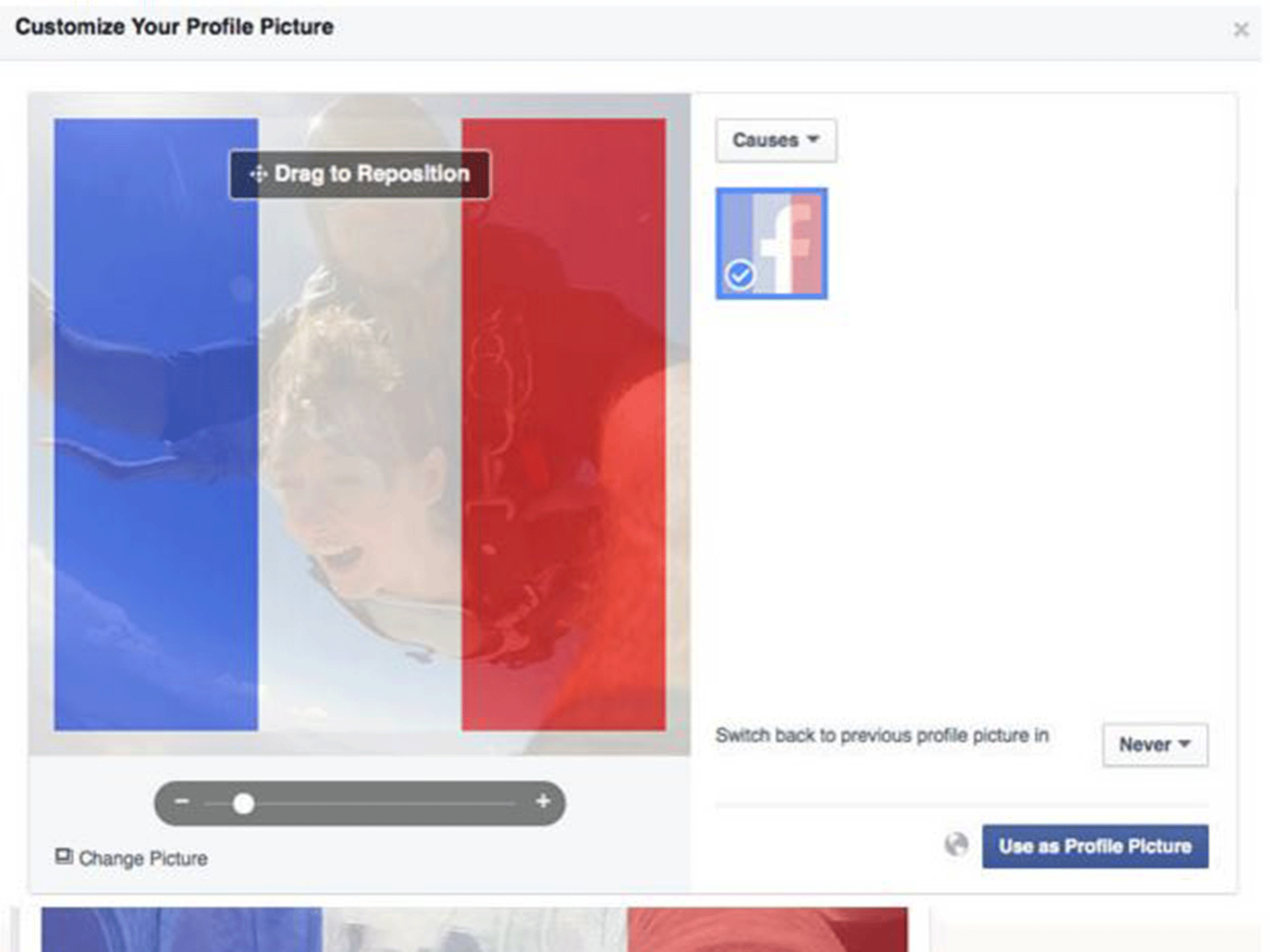 The French flag filter can go over profile pictures on Facebook