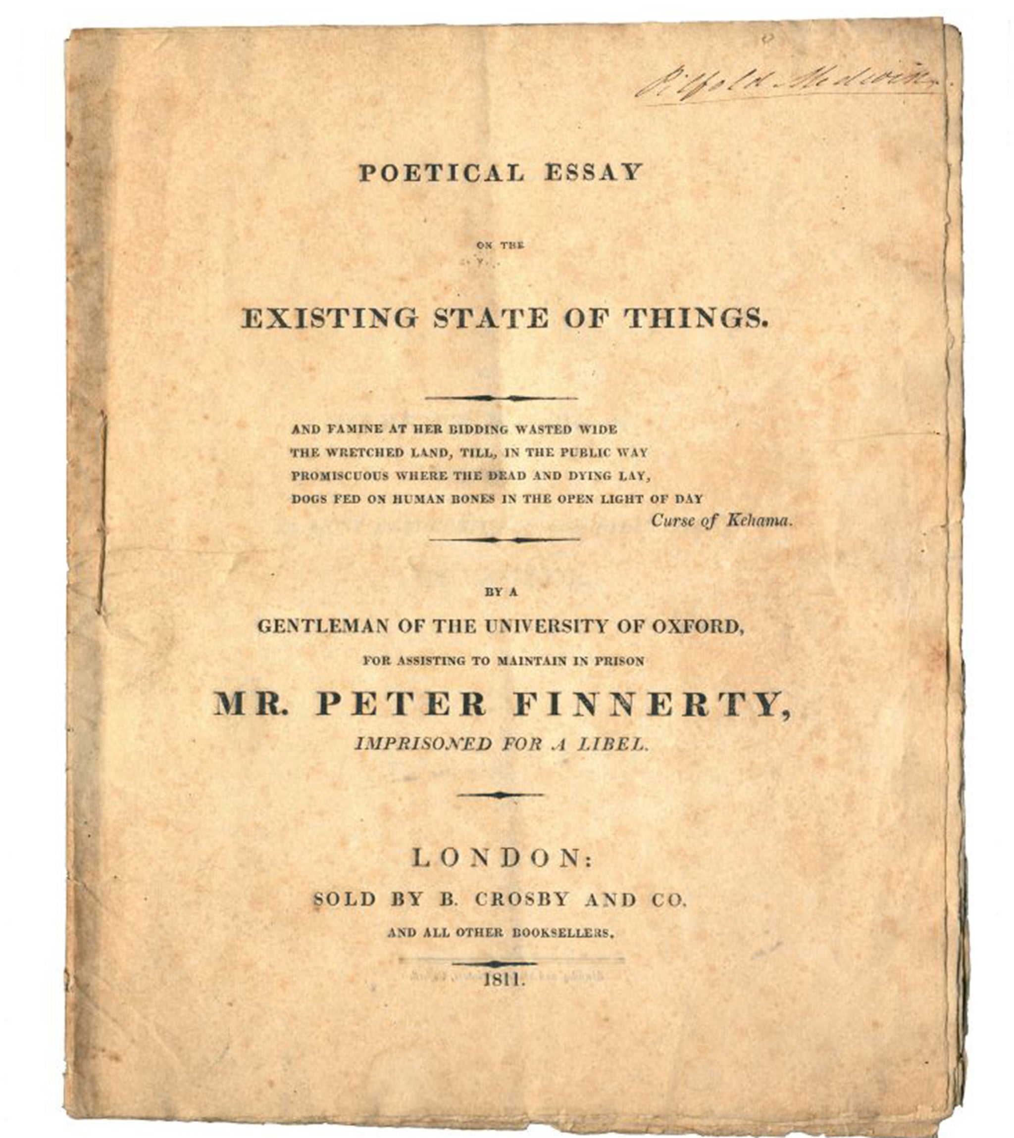 The front cover of A Poetical Essay by Percy Bysshe Shelley, as the lost poem by the English Romantic has become the 12 millionth book in the UK's largest academic library service.