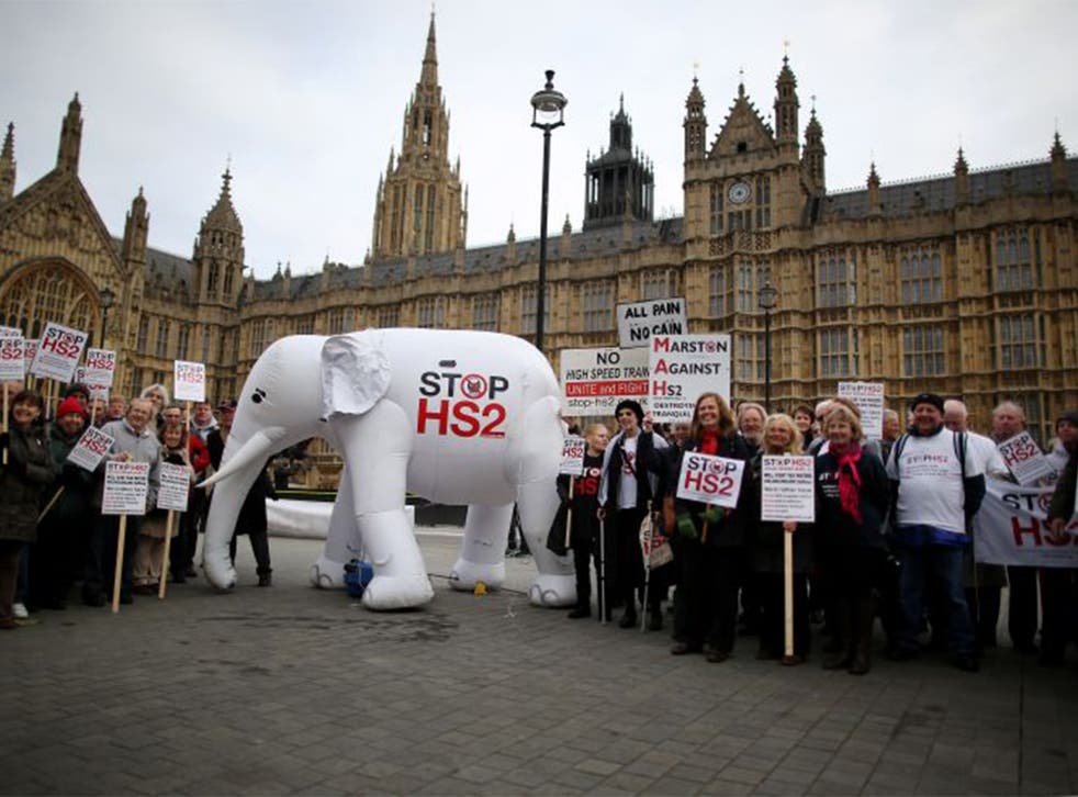 Protesters demonstrating against the High Speed 2 (HS2) rail line father near Parliament