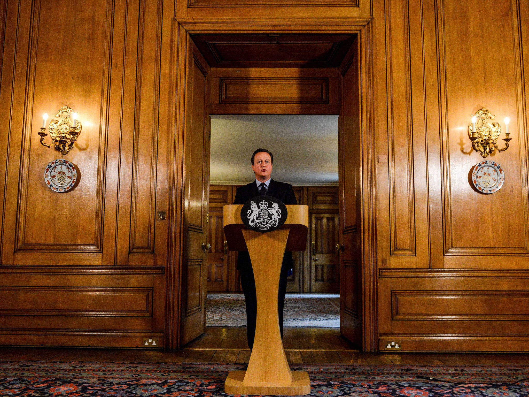 Prime Minister David Cameron speaks in the State Dining Room of 10 Downing Street, London after chairing an emergency Cobra meeting in the wake of a series of coordinated terrorist attacks in Paris