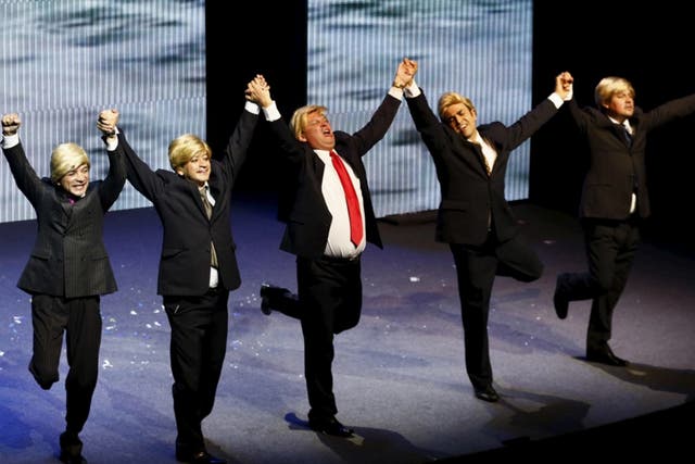 Mexican comics, one of them dressed as U.S. Republican presidential candidate Donald Trump  poke fun at the candidate during a show entitled "Sons of Trump" at the Aldana theater in Mexico City