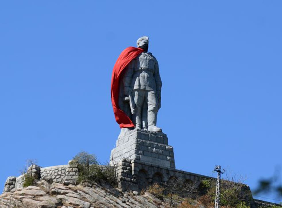 A 10.5-meter high monument of a Soviet soldier draped with a red cloak in the Bulgarian city of Plovdiv