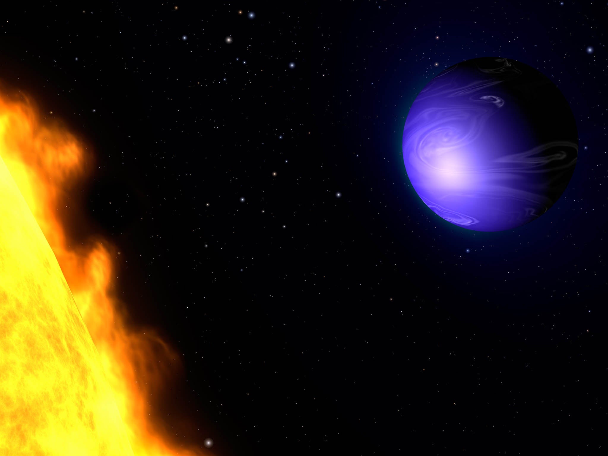 This artist's concept shows exoplanet HD 189733b orbiting its yellow-orange star, HD 189733.