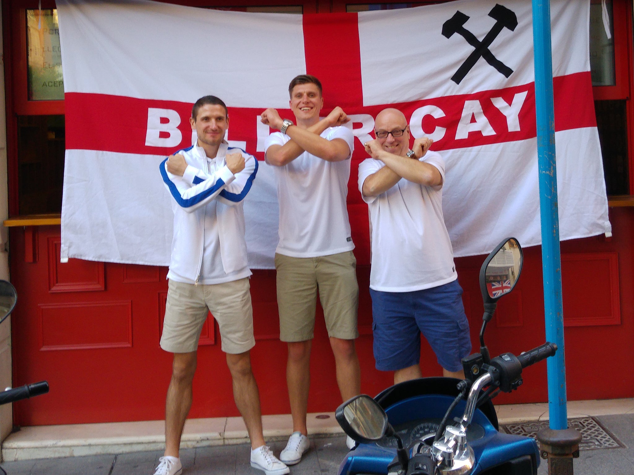 &#13;
Chris (centre) with Ryan (left) and fellow England and West Ham fan Ian Golding&#13;