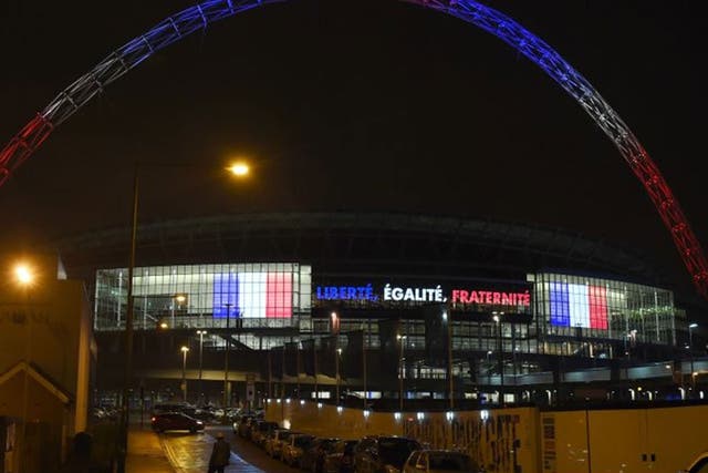 Wembley Stadium was lit up in the colours of the French Flag following the attacks