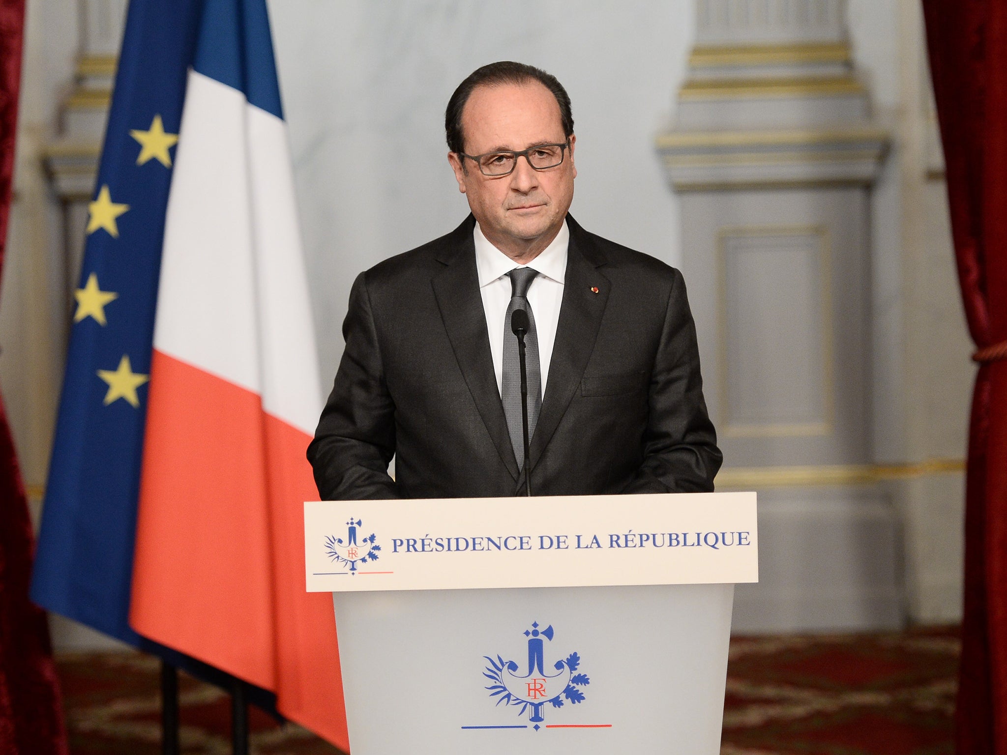 French president Francois Hollande speaks in Paris, following a series of coordinated attacks in and around Paris late on 13 November