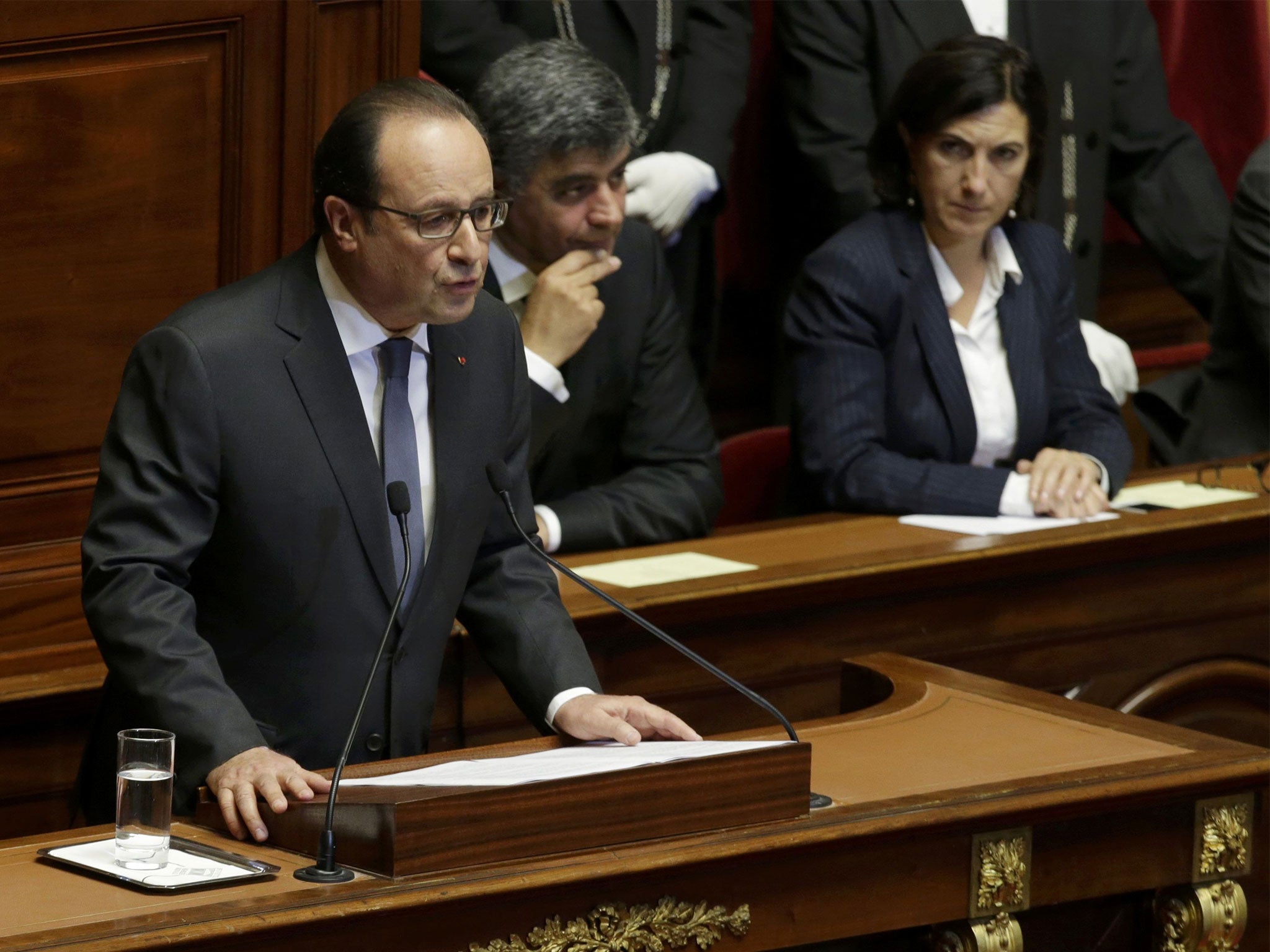 Francois Hollande addresses a joint assembly at the Palace of Versailles
