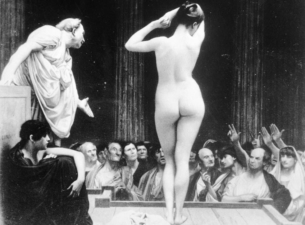 A woman being auctioned at a slave market in Rome, circa 100 AD, with Roman senators among the bidders. Almost 2000 years later, prostitution is alive and well in Pompeii