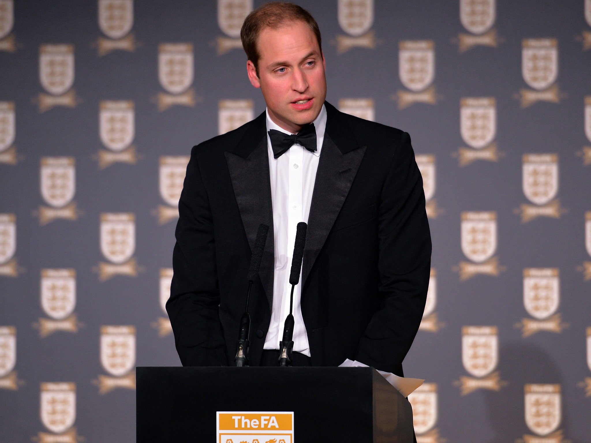 Prince William, Duke of Cambridge gives a speech during The Football Association's 150th Anniversary Gala Dinner at the Grand Connaught Rooms on October 26, 2013