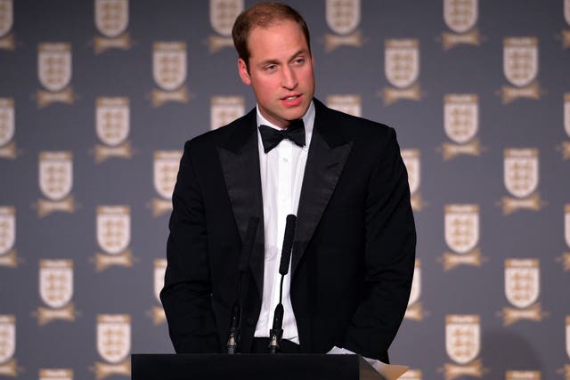 Prince William, Duke of Cambridge gives a speech during The Football Association's 150th Anniversary Gala Dinner at the Grand Connaught Rooms on October 26, 2013