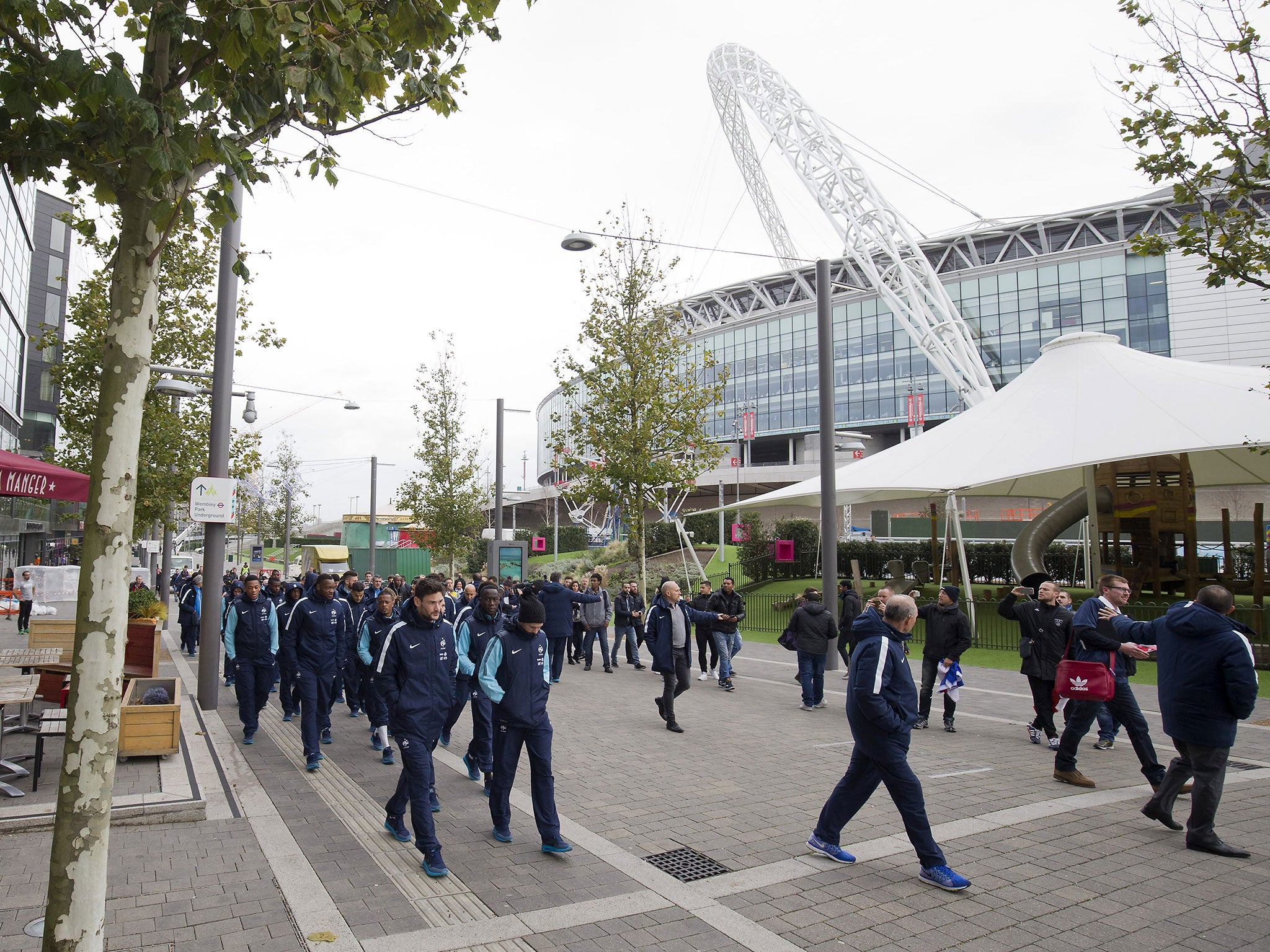 The French national team walk around Wembley Stadium on Tuesday