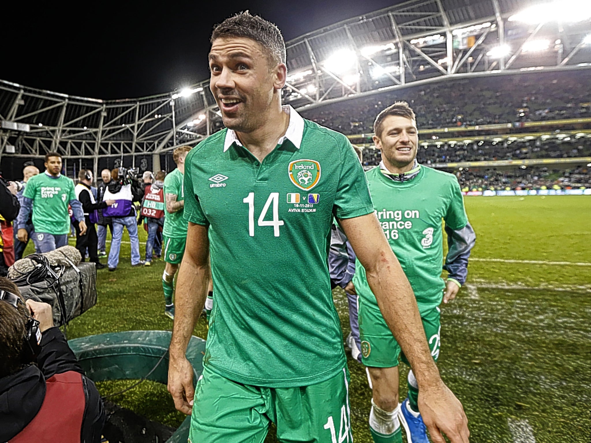 Jonathan Walters enjoys Ireland’s victory over Bosnia in their Euro 2016 qualifying play-off on Monday