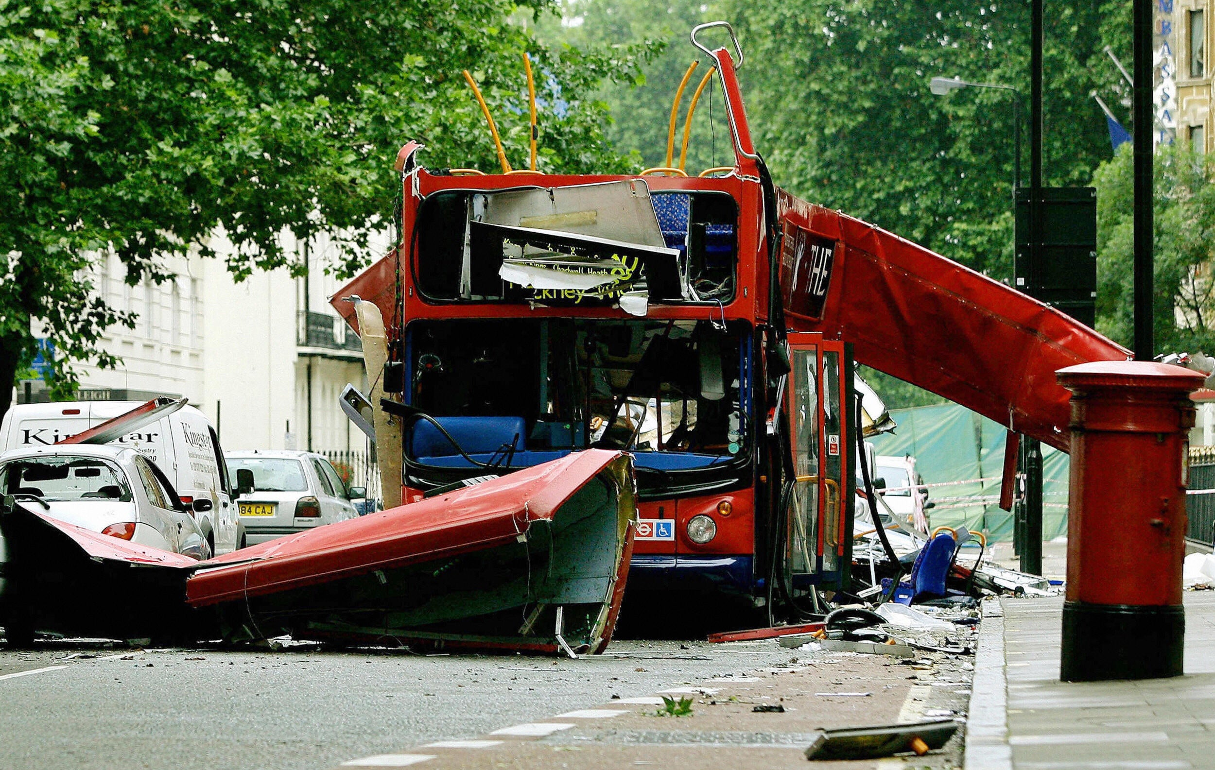 The number 30 bus lies destroyed in Tavistock square on 7 July 2005