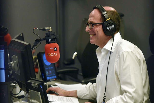 Nick Robinson in the studio on his first day presenting BBC Radio 4's Today programme. He withdrew from his second day presenting the programme, raising concerns over his voice