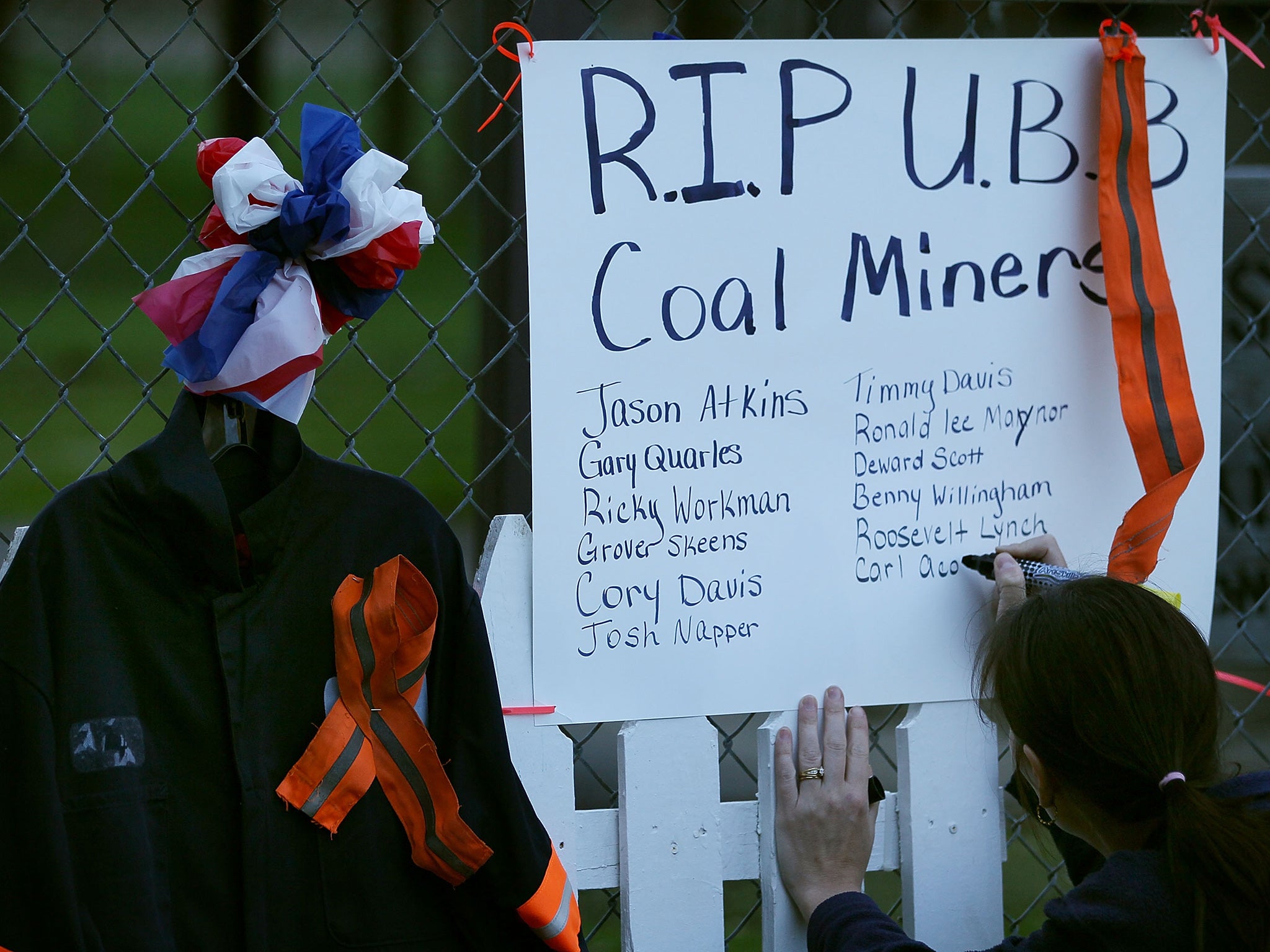 A memorial in Whitesville, West Virginia, lists the names of the miners who were killed in a methane gas explosion in Massey Energy’s Upper Big Branch mine in 2010