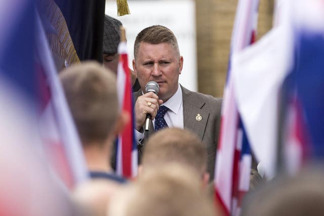 Britain First leader Paul Golding is pictured at a rally