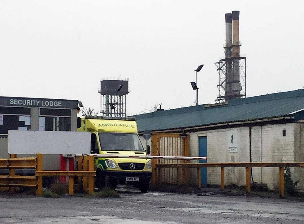 An ambulance leaves the Celsa Manufacturing factory in Cardiff, where emergency services were called following reports of an explosion