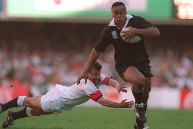 Jonah Lomu powers to a try against England at the 1995 Rugby World Cup