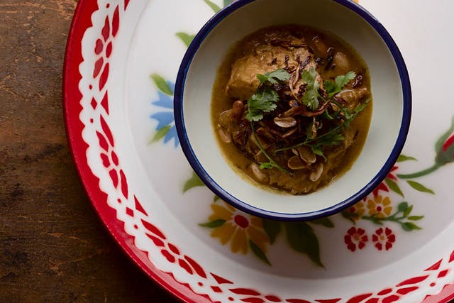 Mark's pork shank curry is made with a spicy peanut sauce