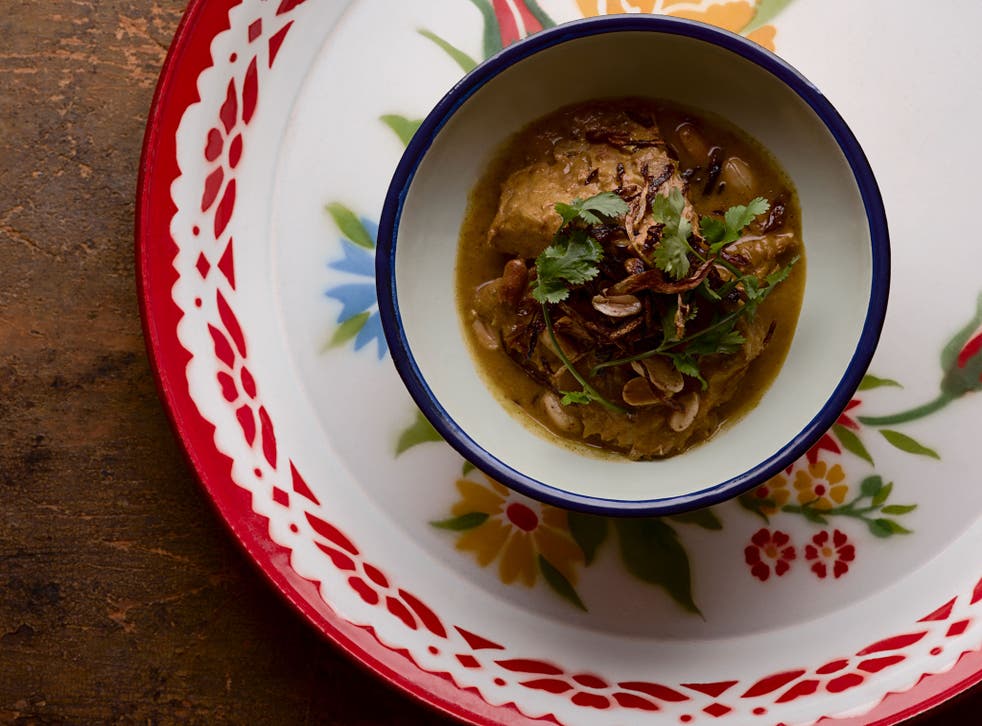 Mark's pork shank curry is made with a spicy peanut sauce