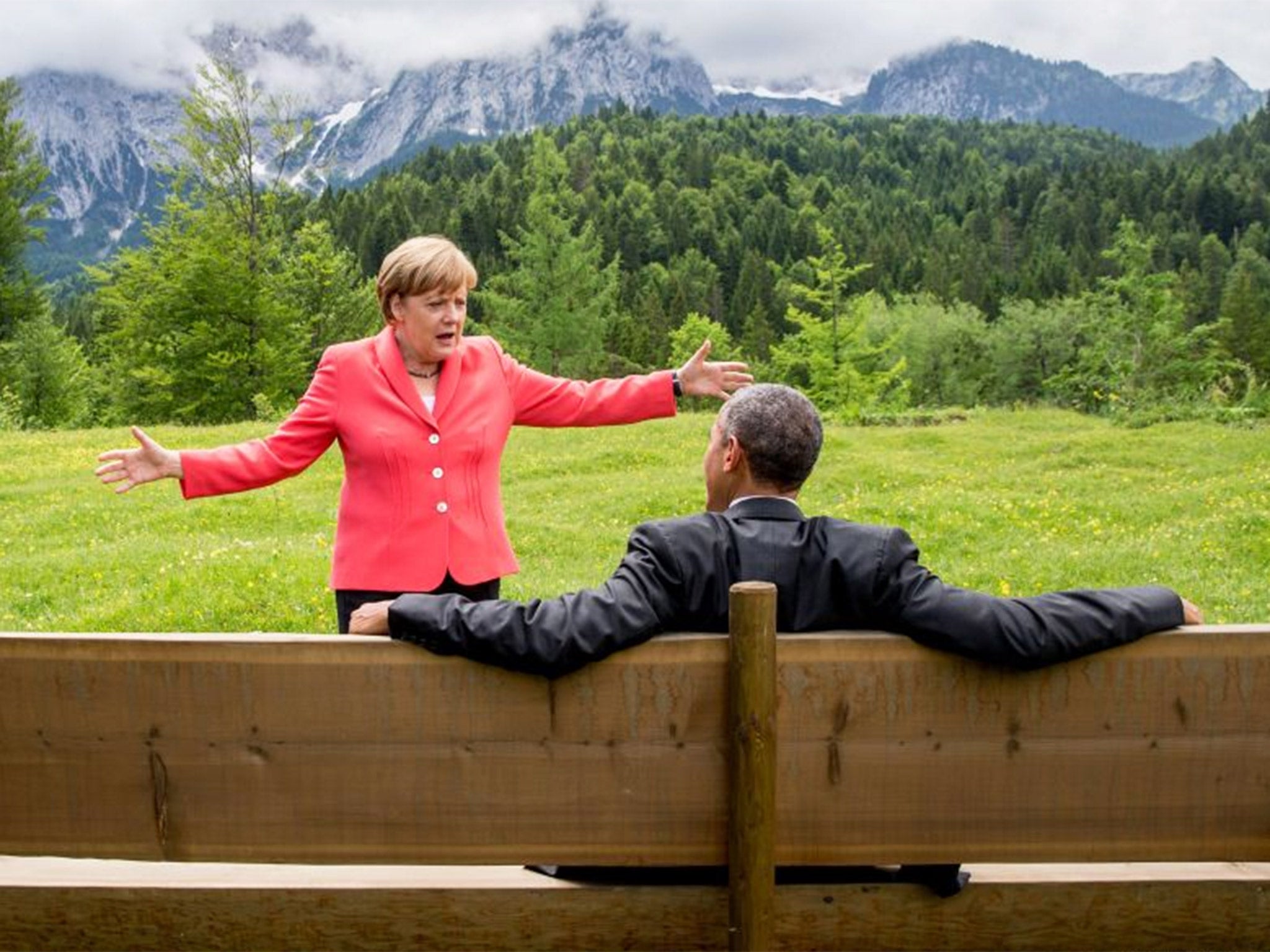 &#13;
German Chancellor Angela Merkel talks to US President Barack Obama in Elmau, Germany, earlier this year &#13;