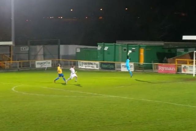 Thurrock goalkeeper Rhys Madden can't prevent the ball from going past him