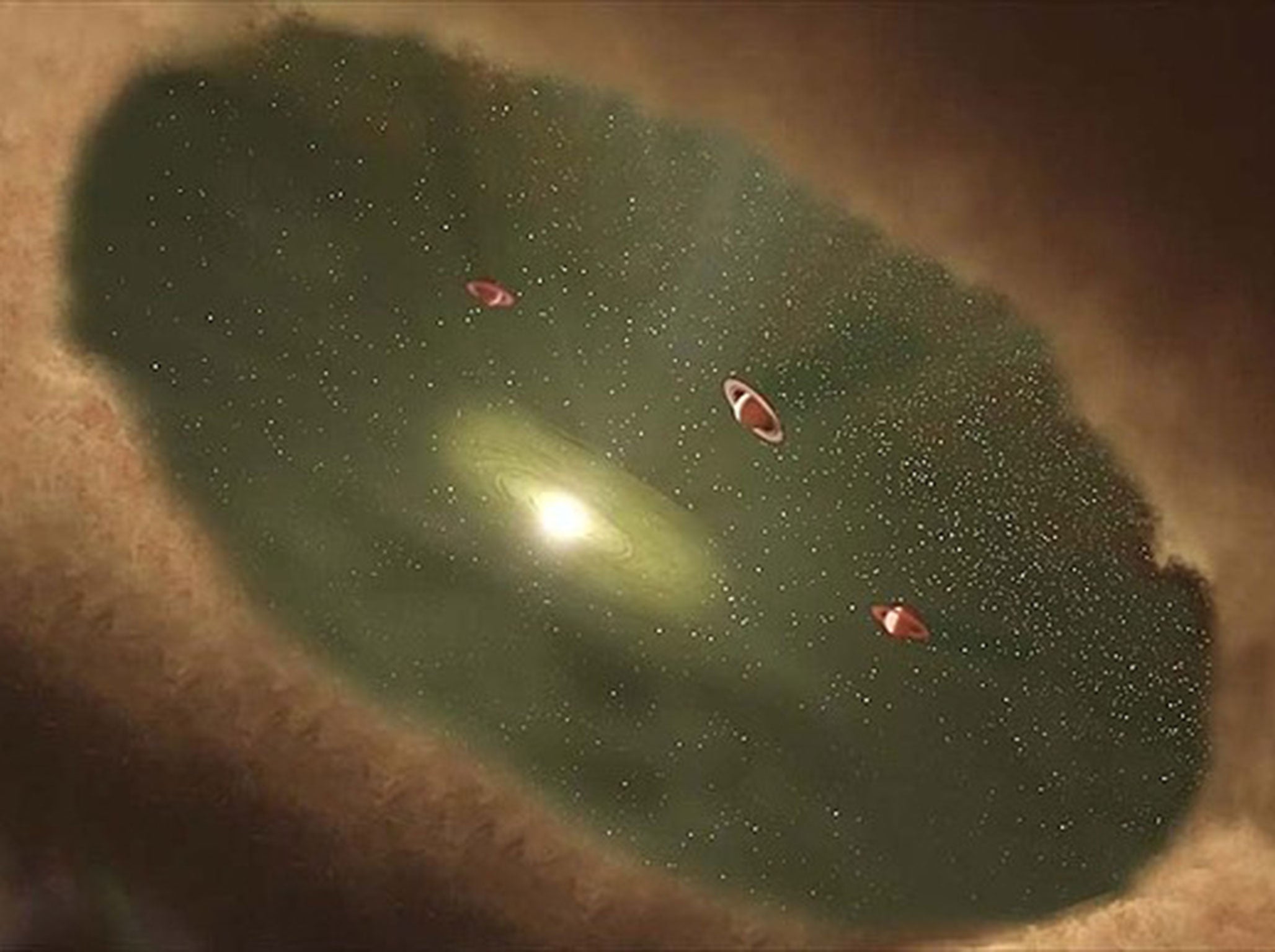This is an artist's conception of planets forming in a transition disk like LkCa 15. The planets within the disk clearing sweep up material that would have otherwise fallen onto the star