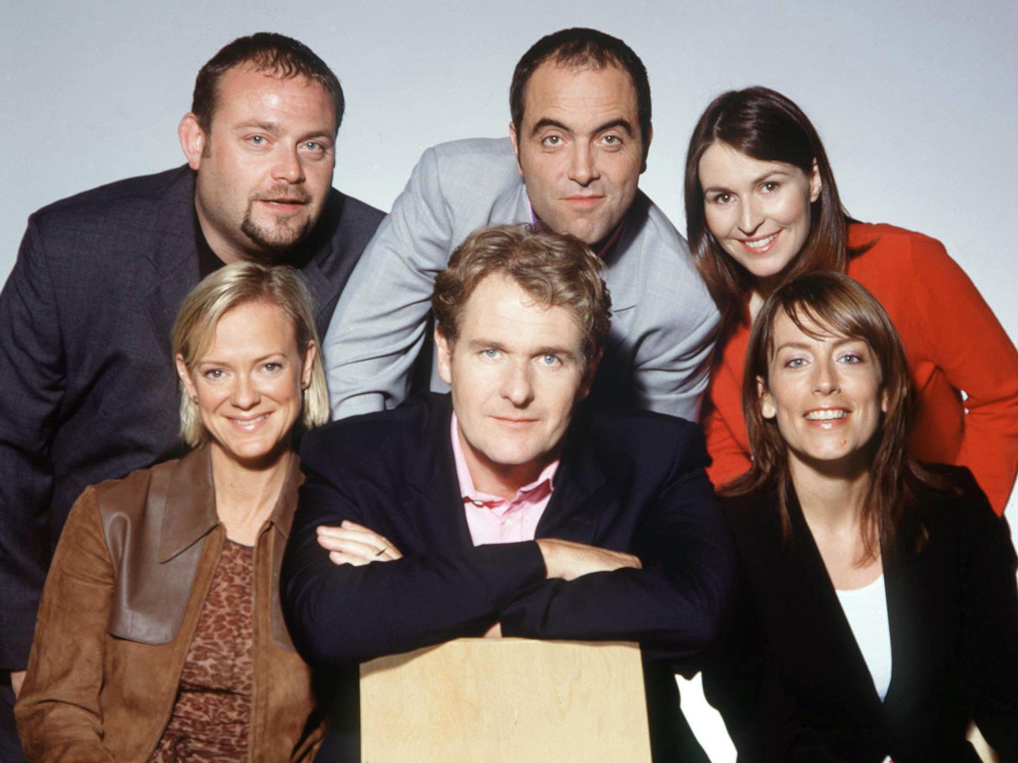 The cast of Cold Feet: Back Row - John Thomson, James Nesbitt, Helen Baxendale. Front Row - Hermione Norris, Robert Bathurst and Fay Ripley